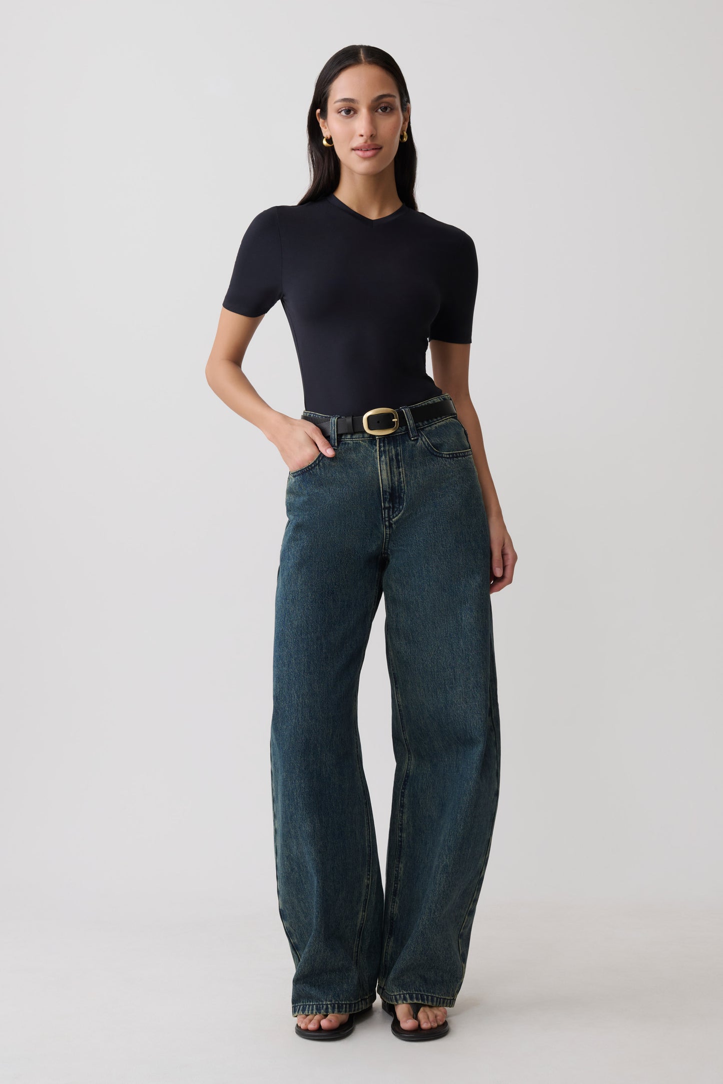 Janelle High V Neck Short Sleeve Top - Black