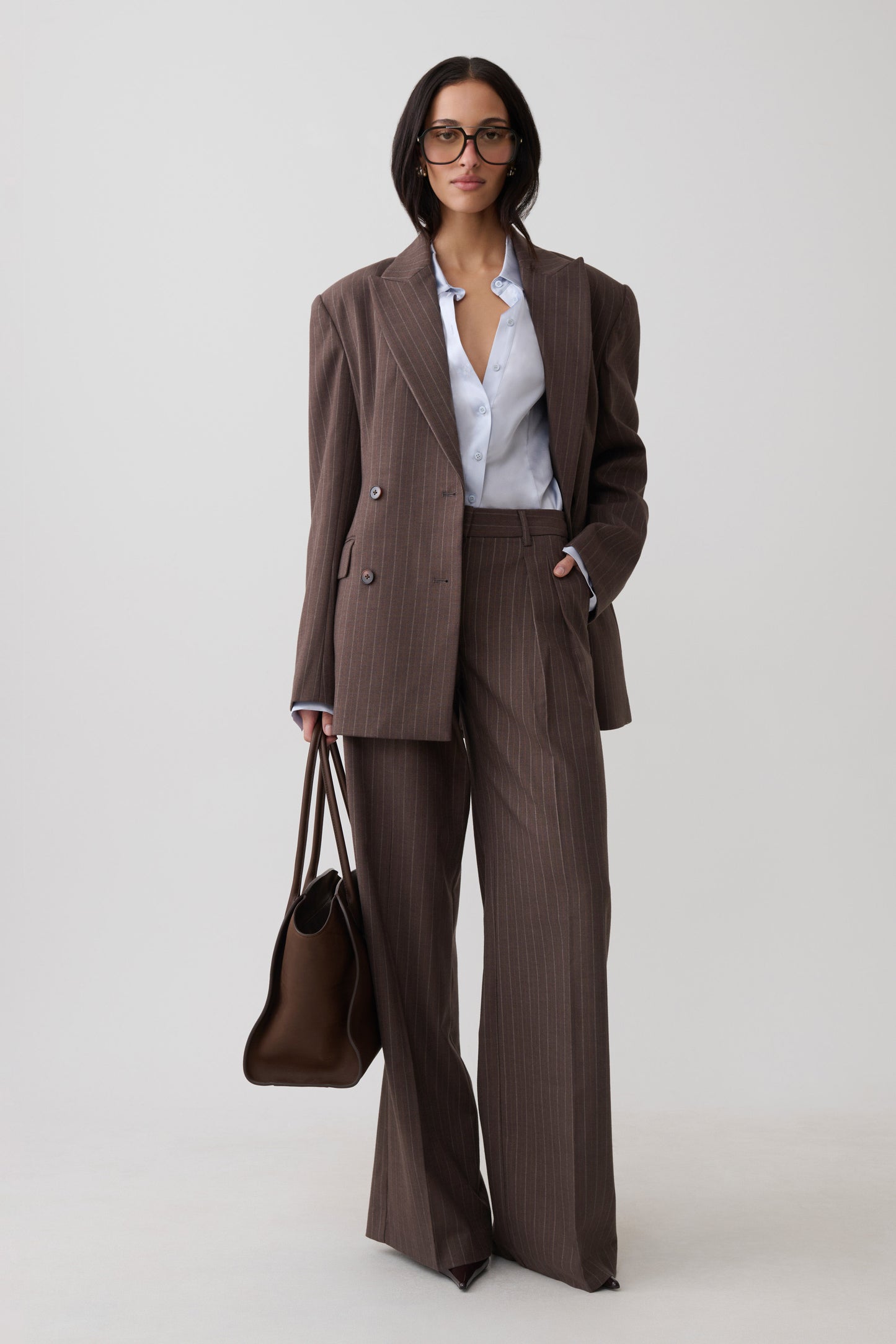 Phoebe Double Breasted Blazer - Brown Stripe