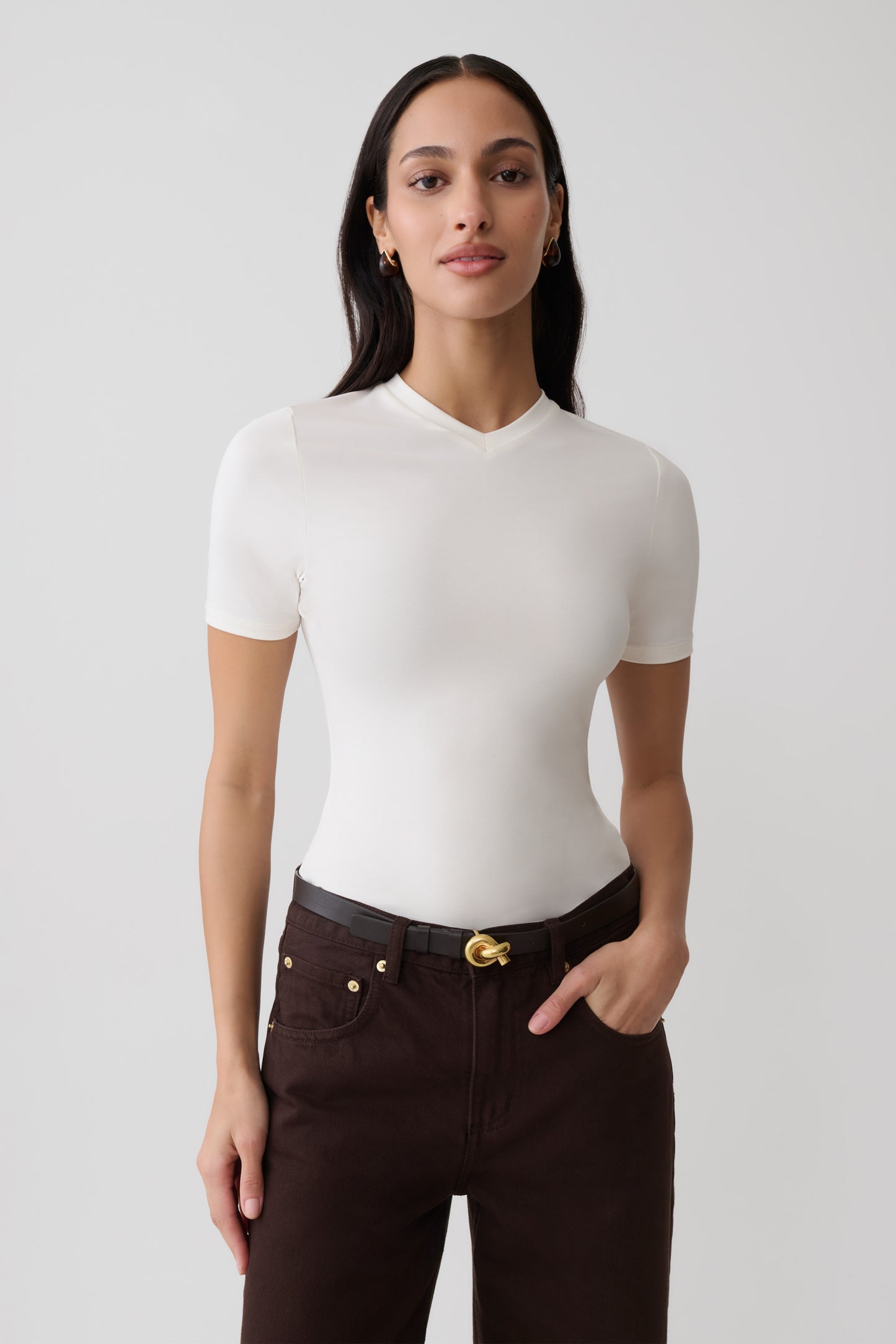 Janelle High V Neck Short Sleeve Top - Ivory