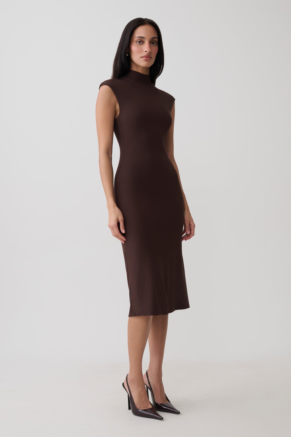 Noelle Sleeveless Roll Neck Midi Dress - Dark Chocolate