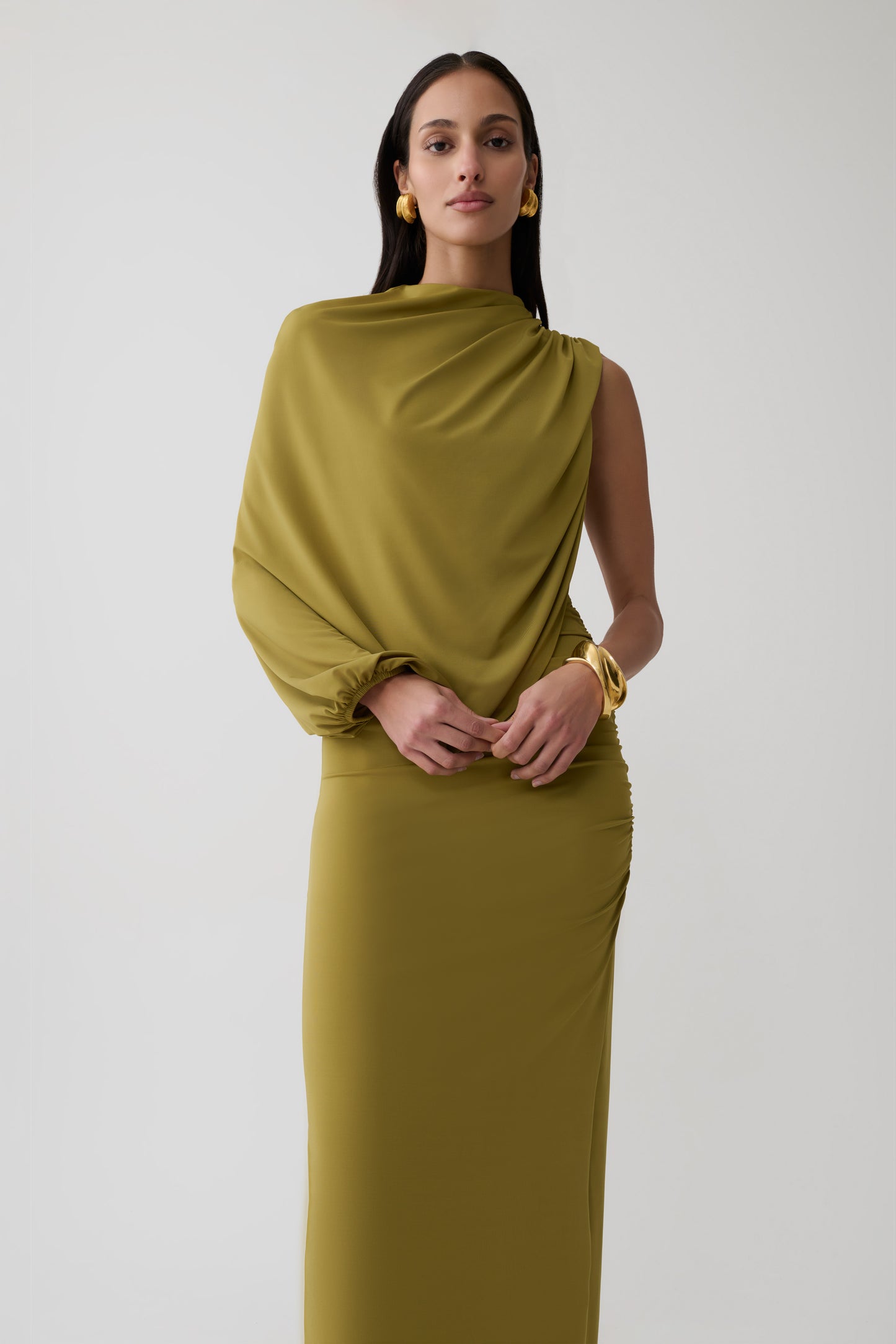 Yuri Gather Sleeve Maxi Dress - Martini Olive