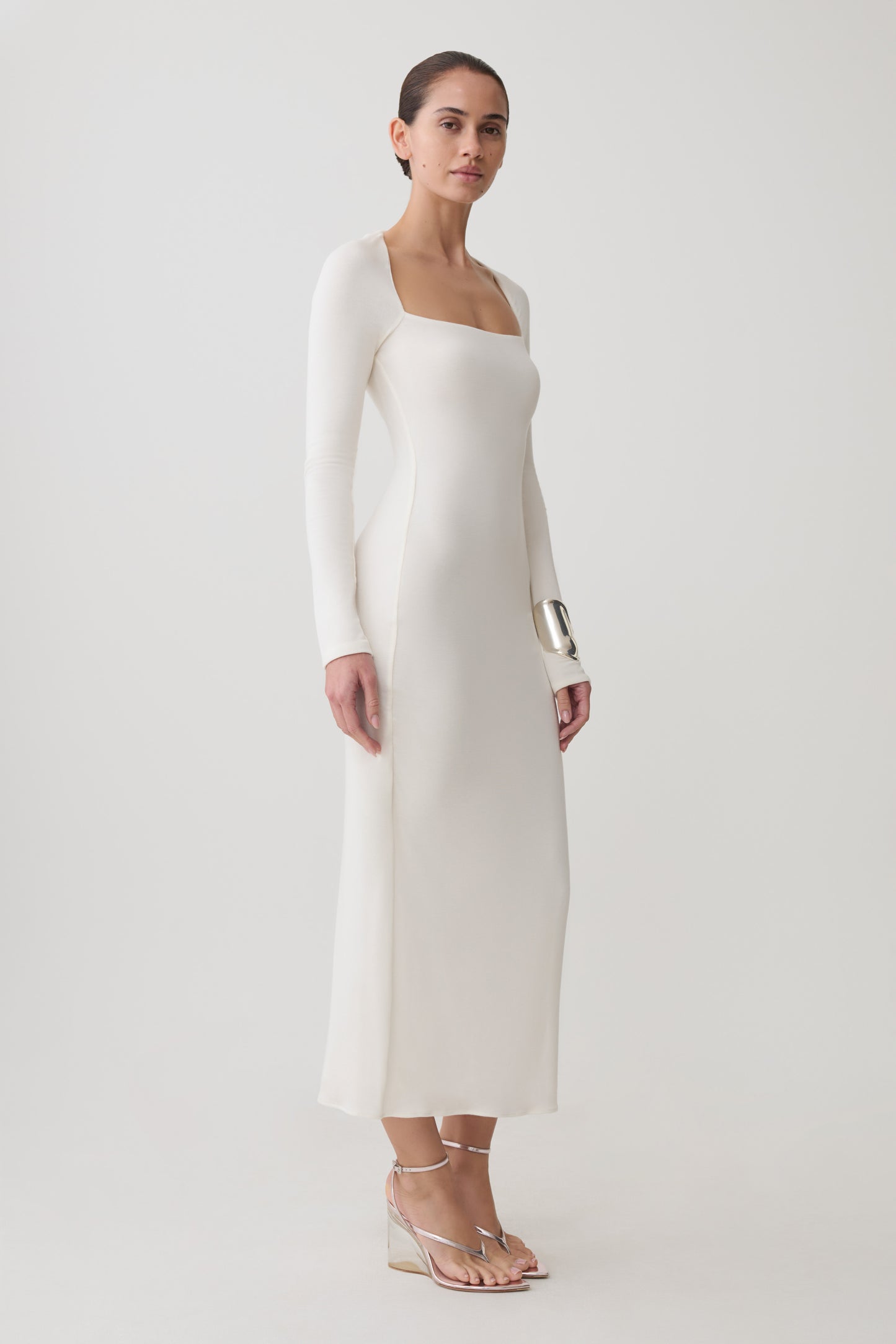 Freja Long Sleeve Wool Midi Dress - White
