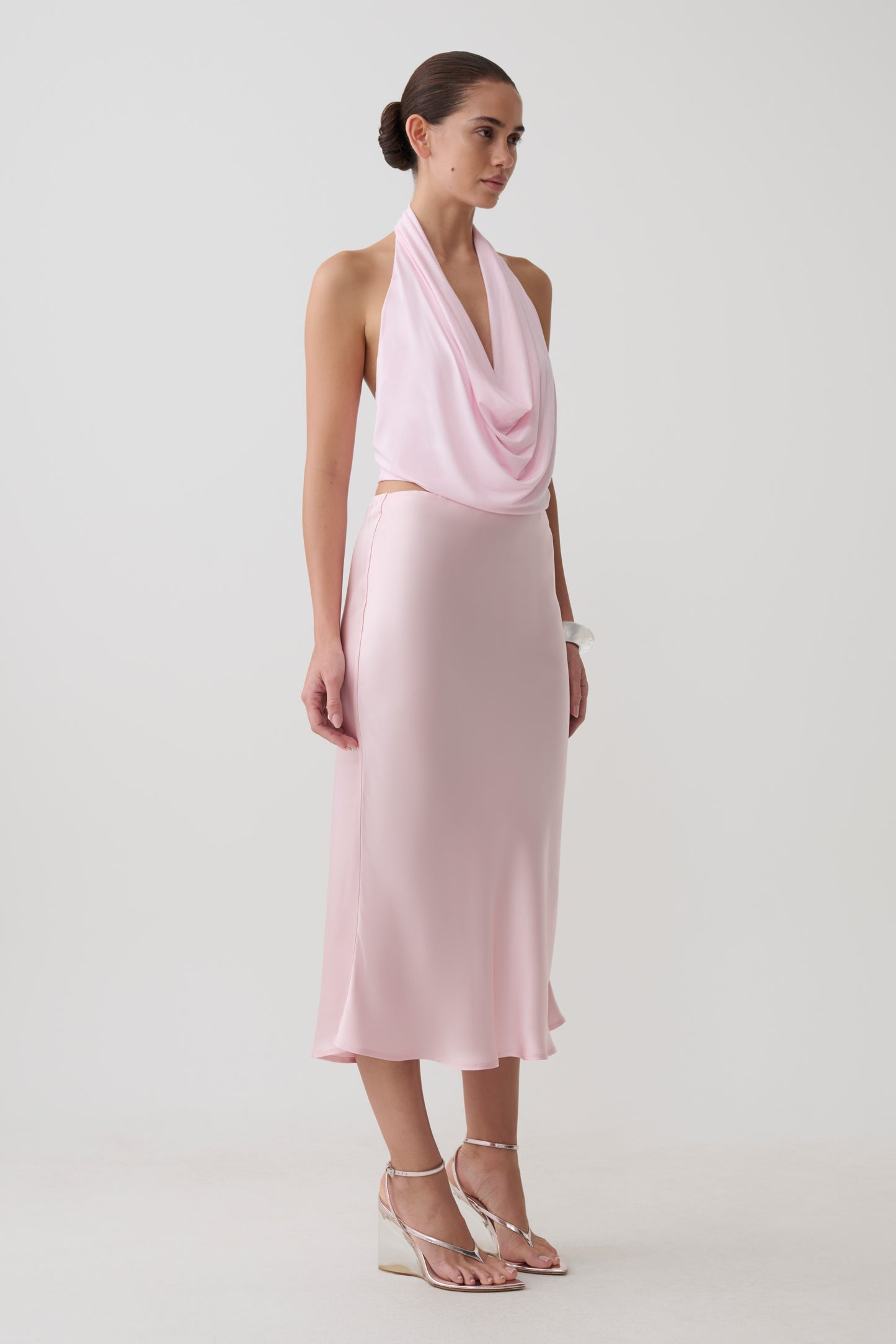 Hattie Satin Midi Skirt - Pale Pink