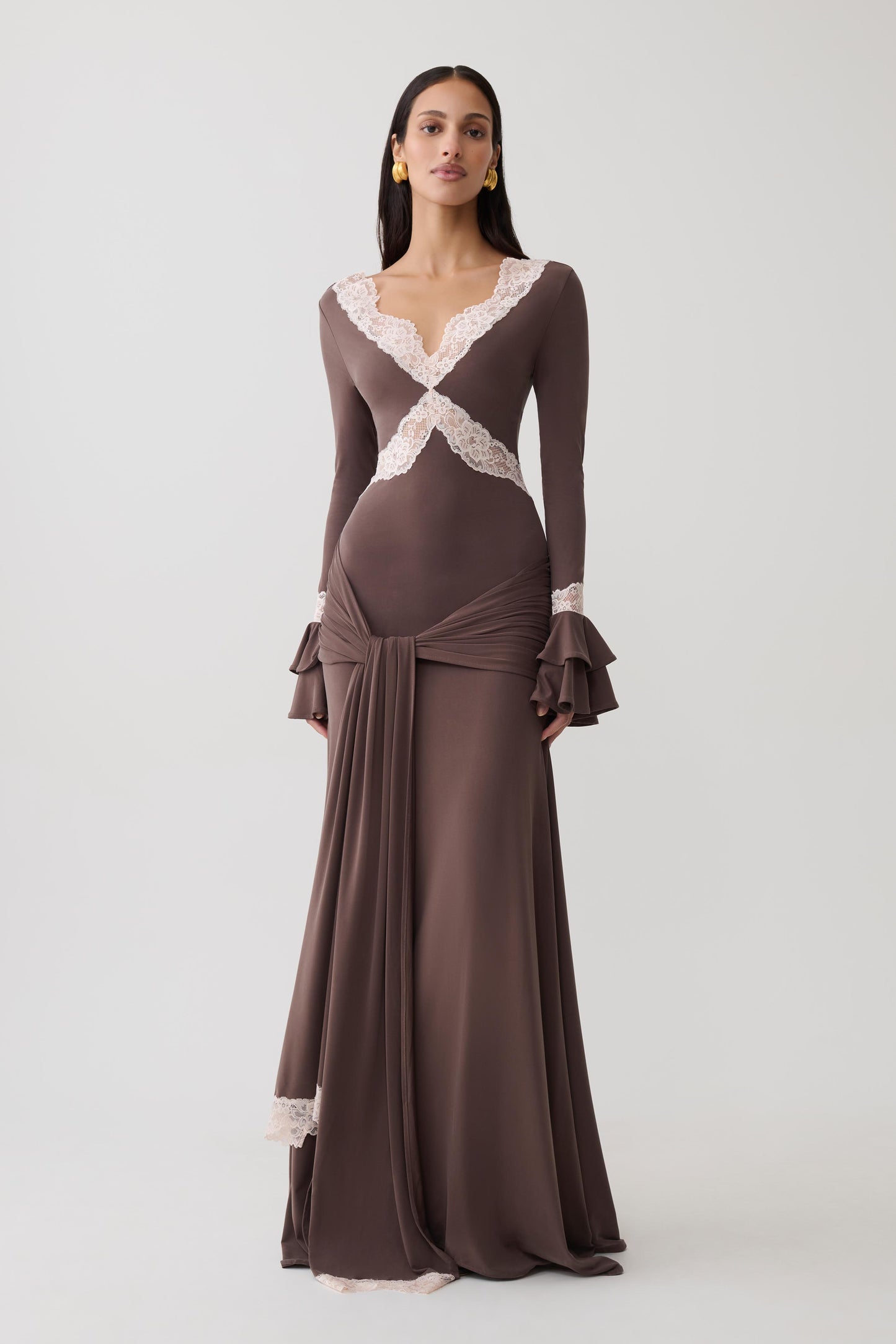Electra Slinky Lace Maxi Dress - Chocolate/Ballet Pink