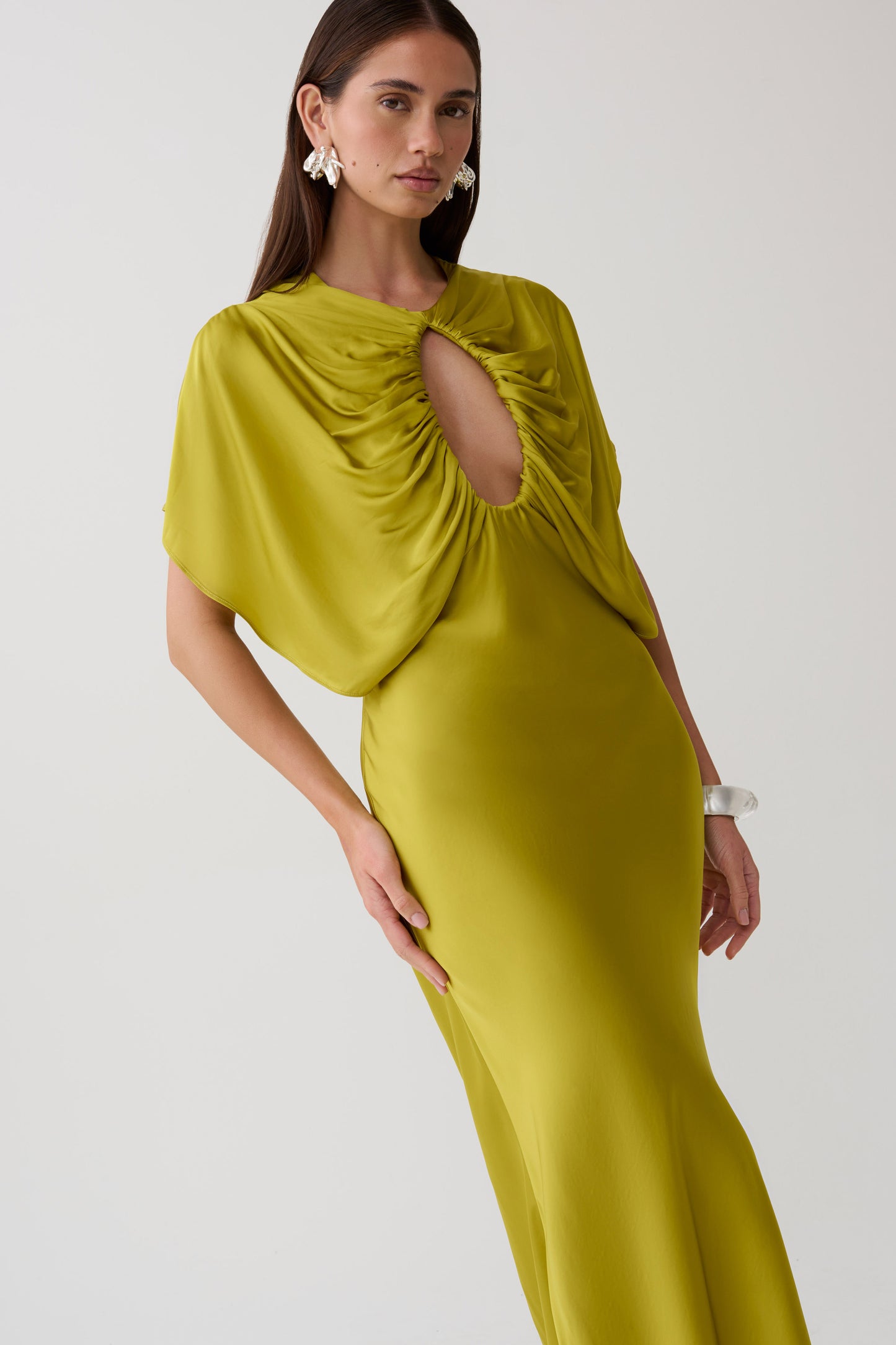 Mona Cut Out Satin Midi Dress - Chartreuse