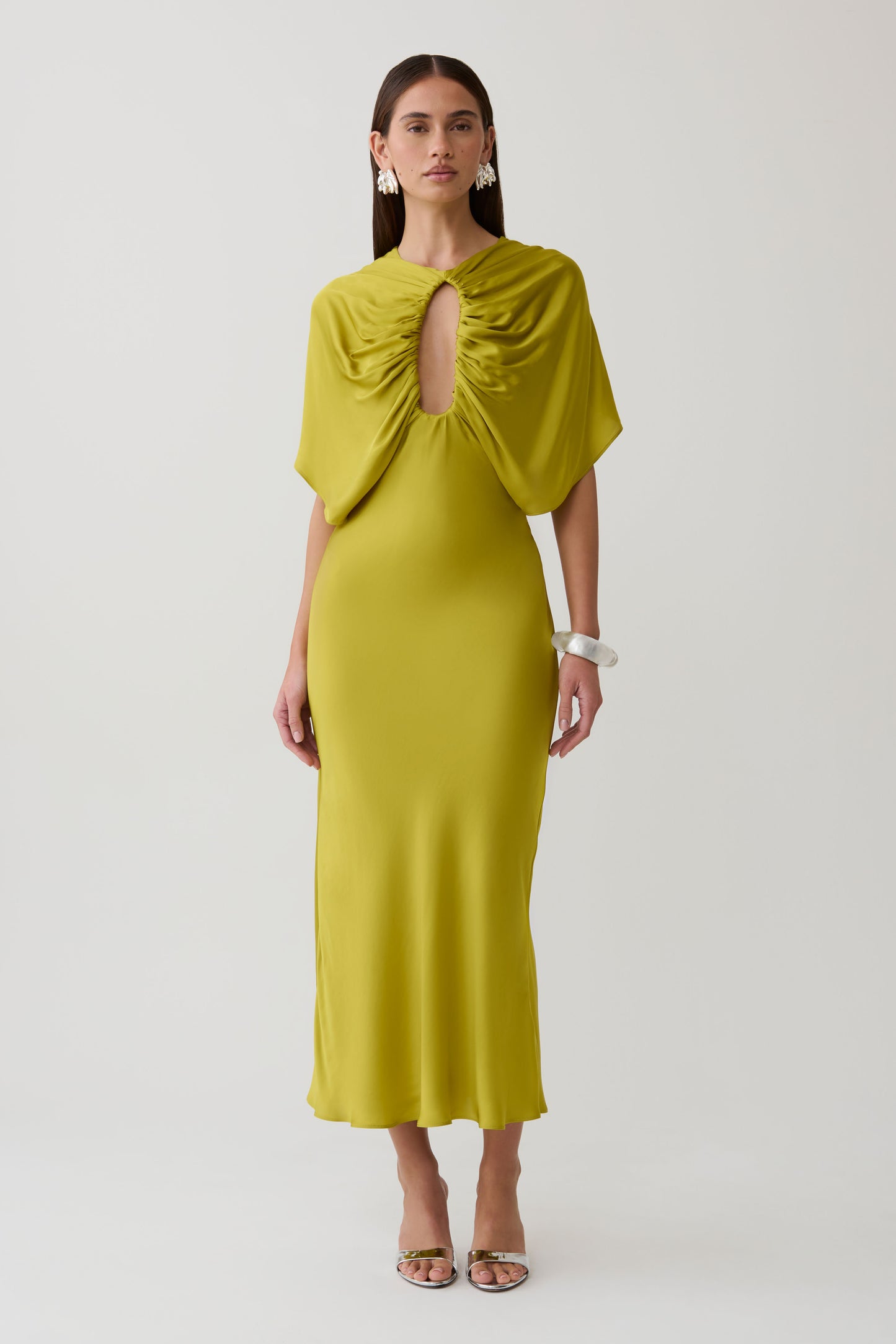 Mona Cut Out Satin Midi Dress - Chartreuse