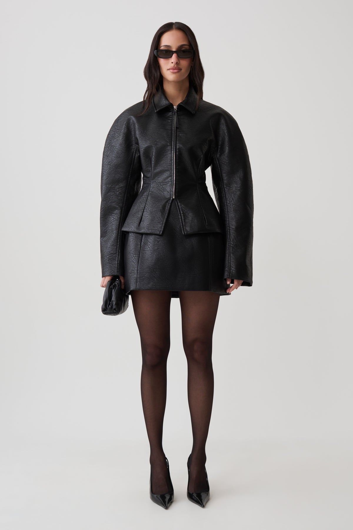 Telma Faux Leather Collared Jacket - Black