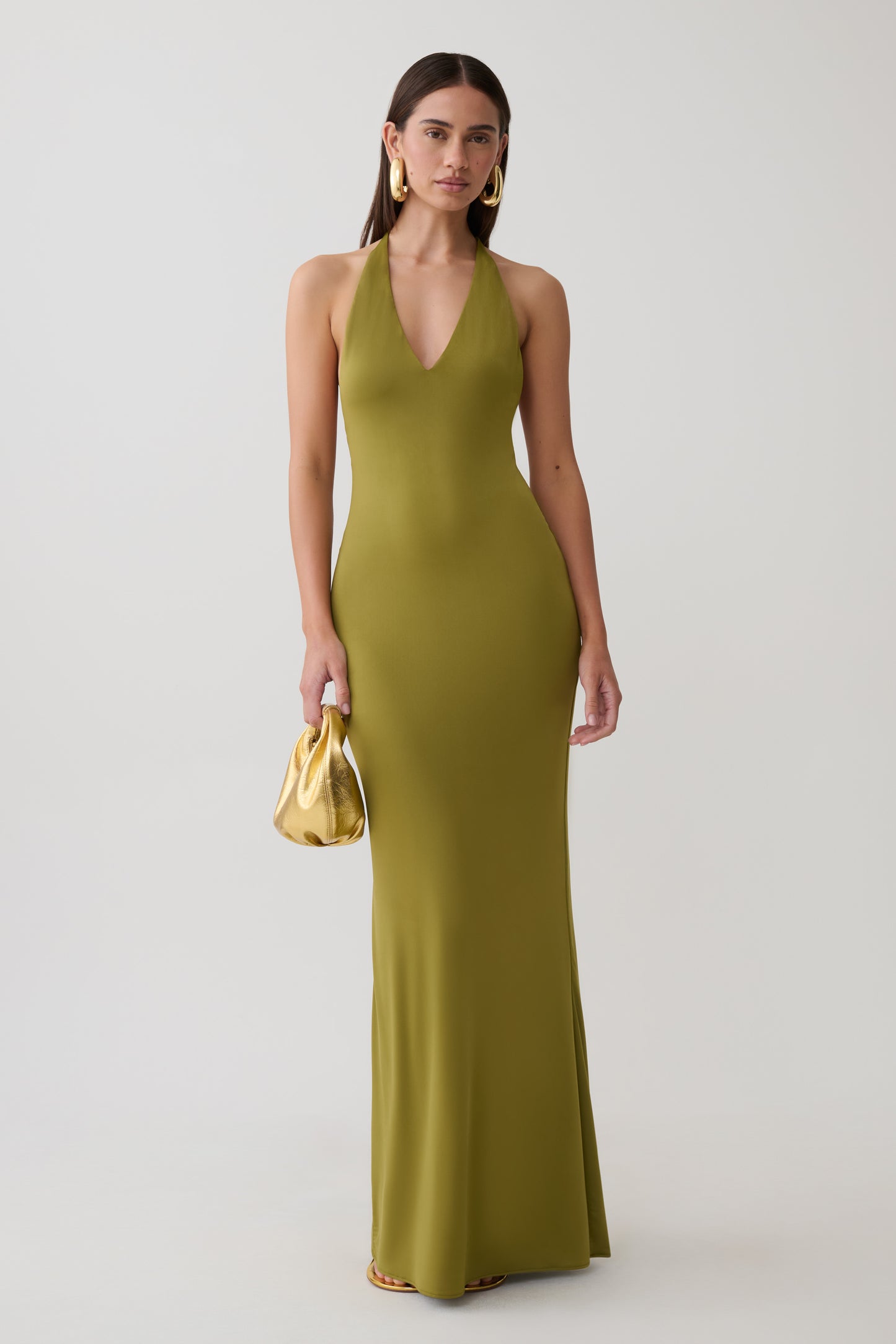 Hana Slinky Plunge Maxi Dress - Martini Olive