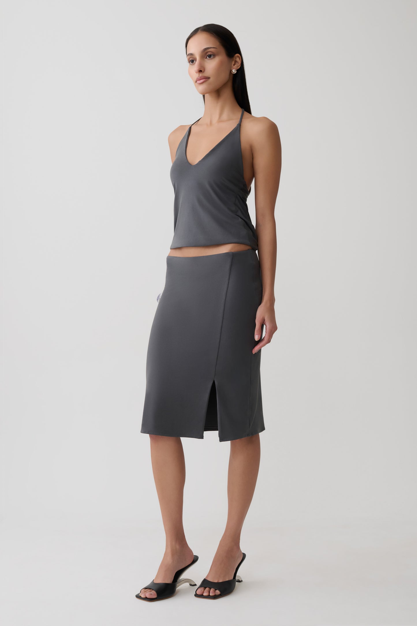Fenn Peached Jersey Draped Back Top - Charcoal