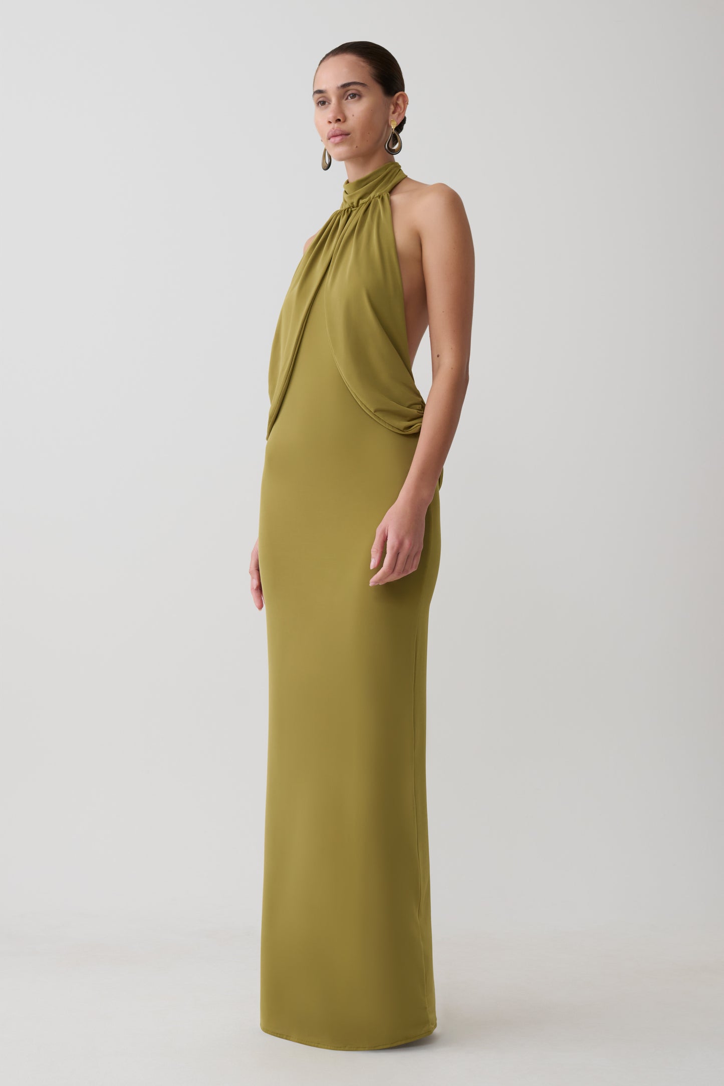 Joan Halter Neck Slinky Maxi Dress - Martini Olive