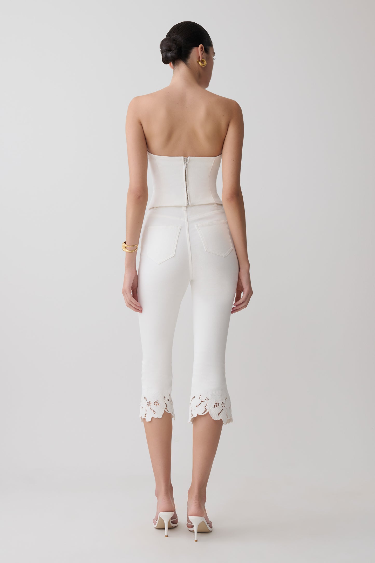 Tillie Flower Embroidery Strapless Denim Top - White