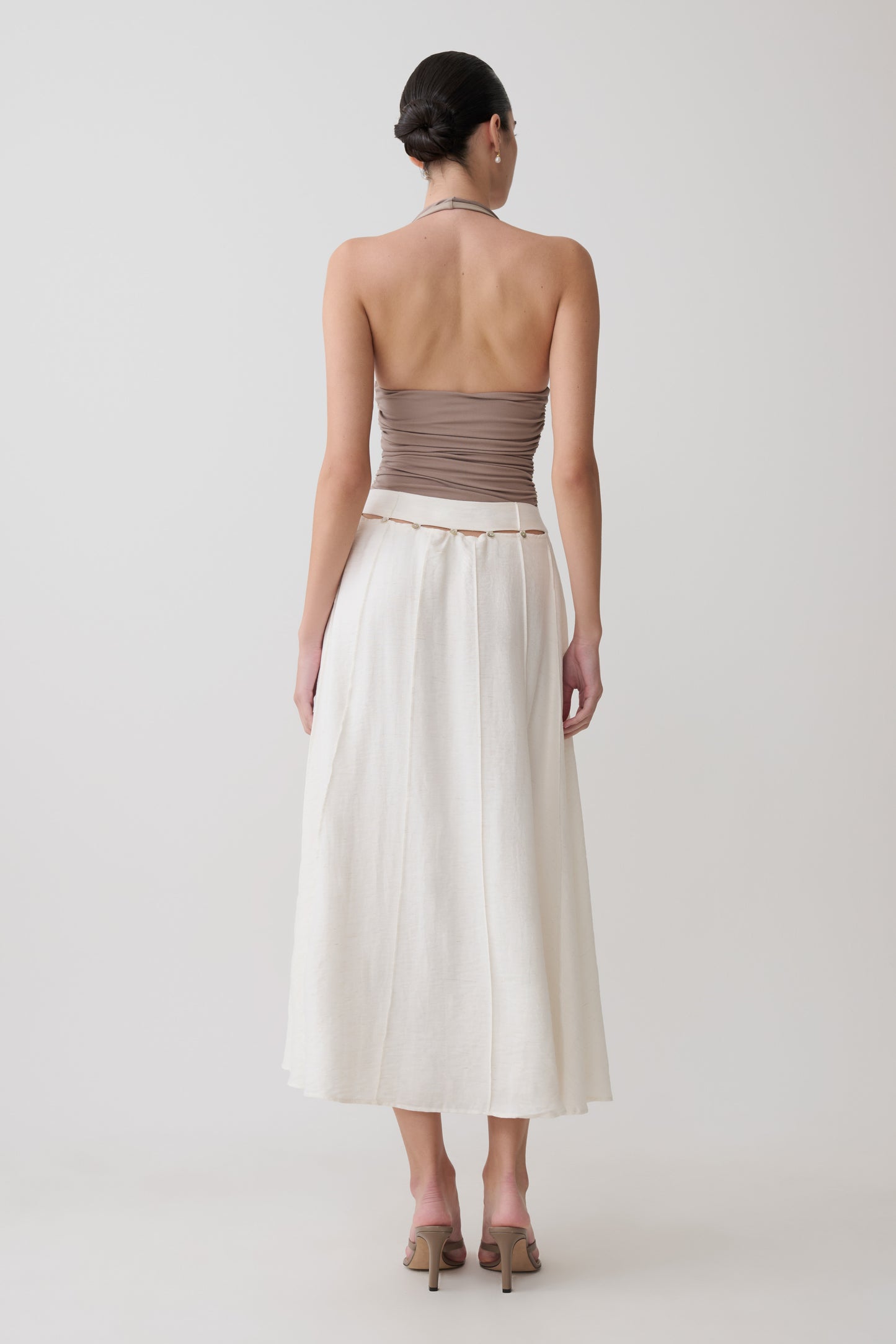 Claire Pearl Button Midi Skirt - White