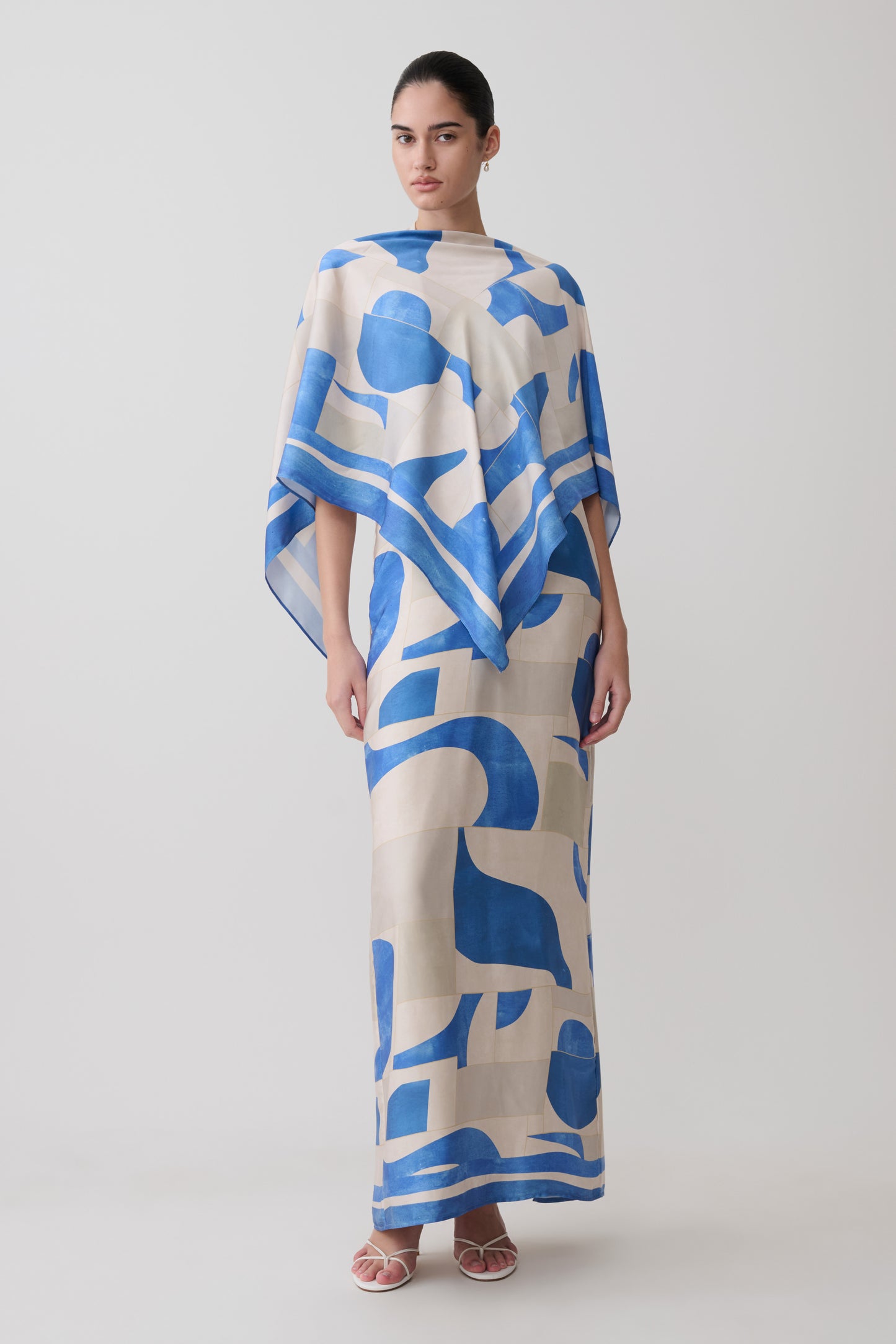 Gianna Satin Halter Maxi Dress - Blue Geo Tile Print