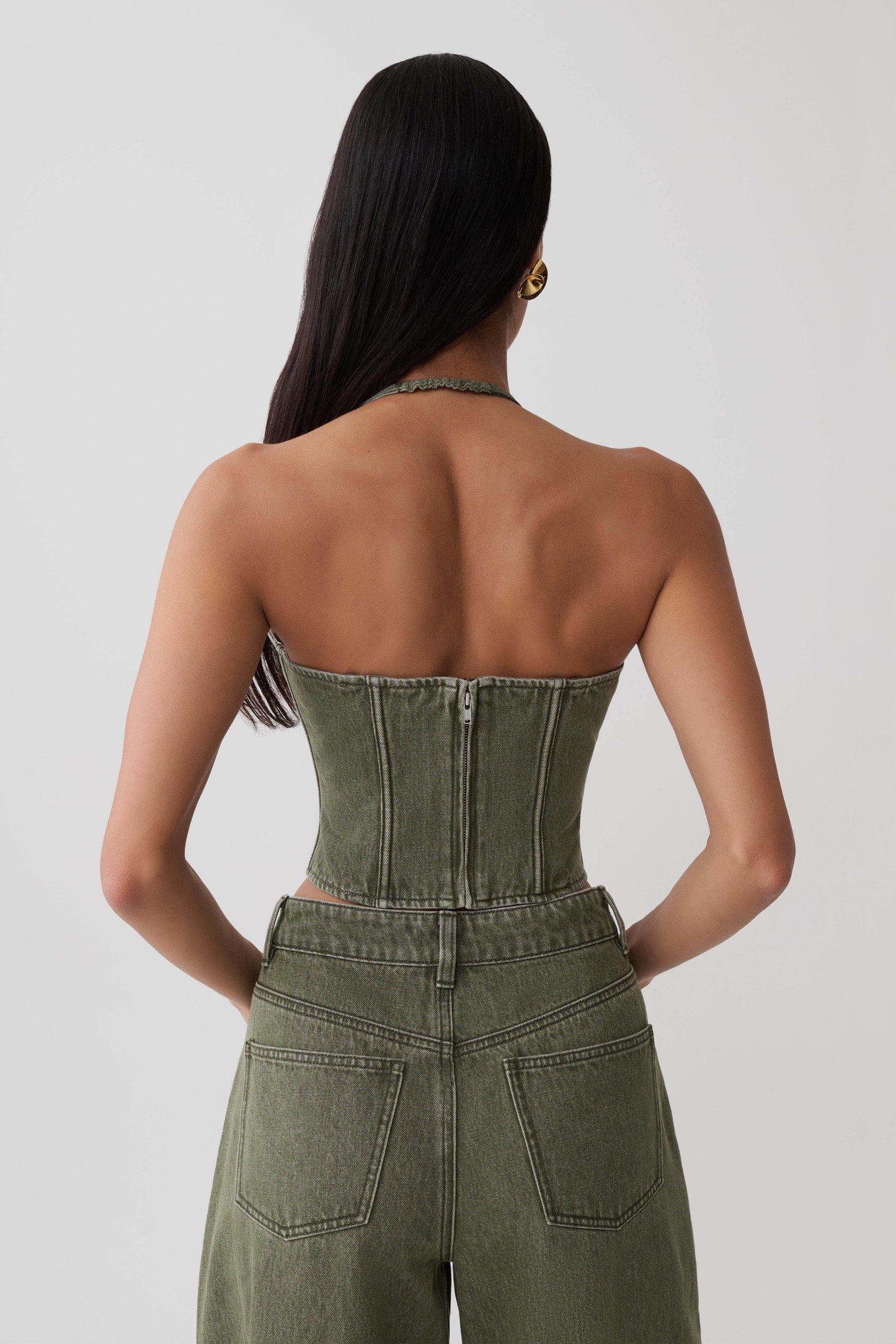 Stephanie Corset Denim Top - Washed Khaki