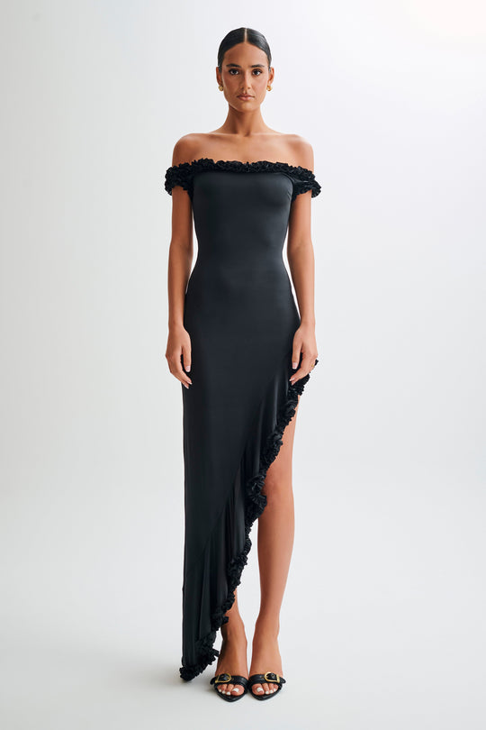 Shop Formal Dress Black - Dress Midi Ruffle Shoulder Off  Arielle
