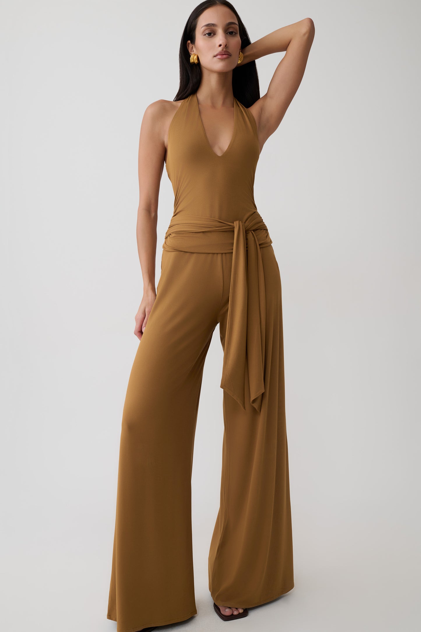 Krysh Wide Leg Peached Jersey Pants - Caramel