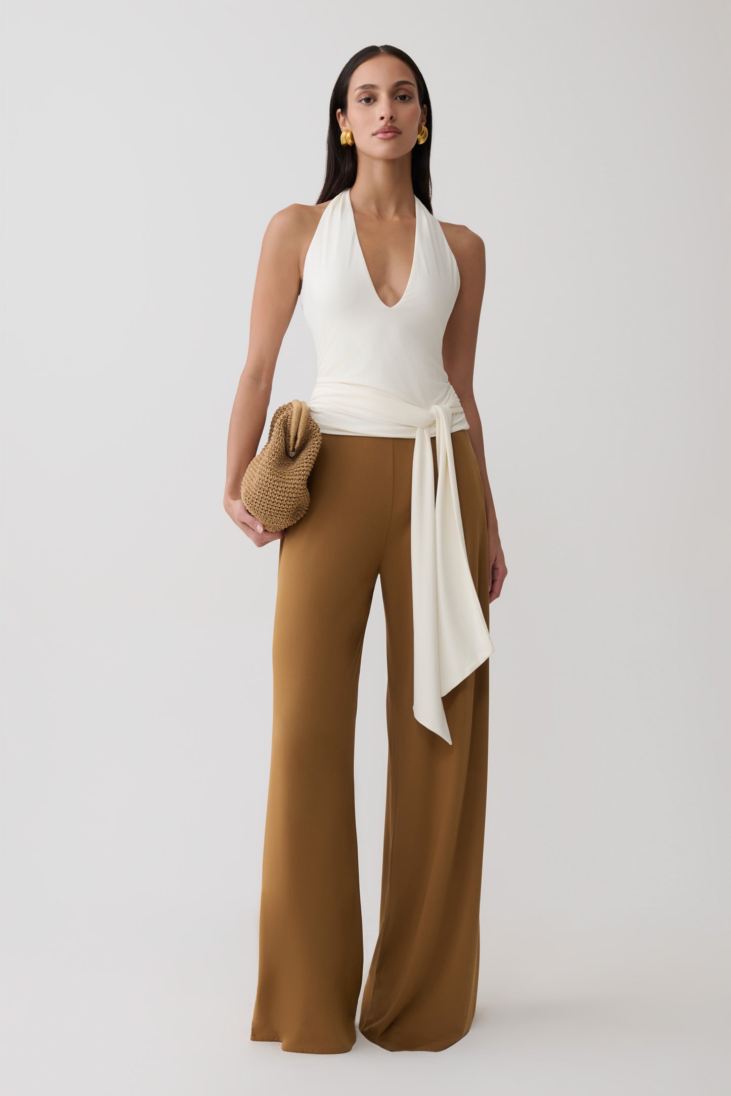 Krysh Wide Leg Peached Jersey Pants - Caramel