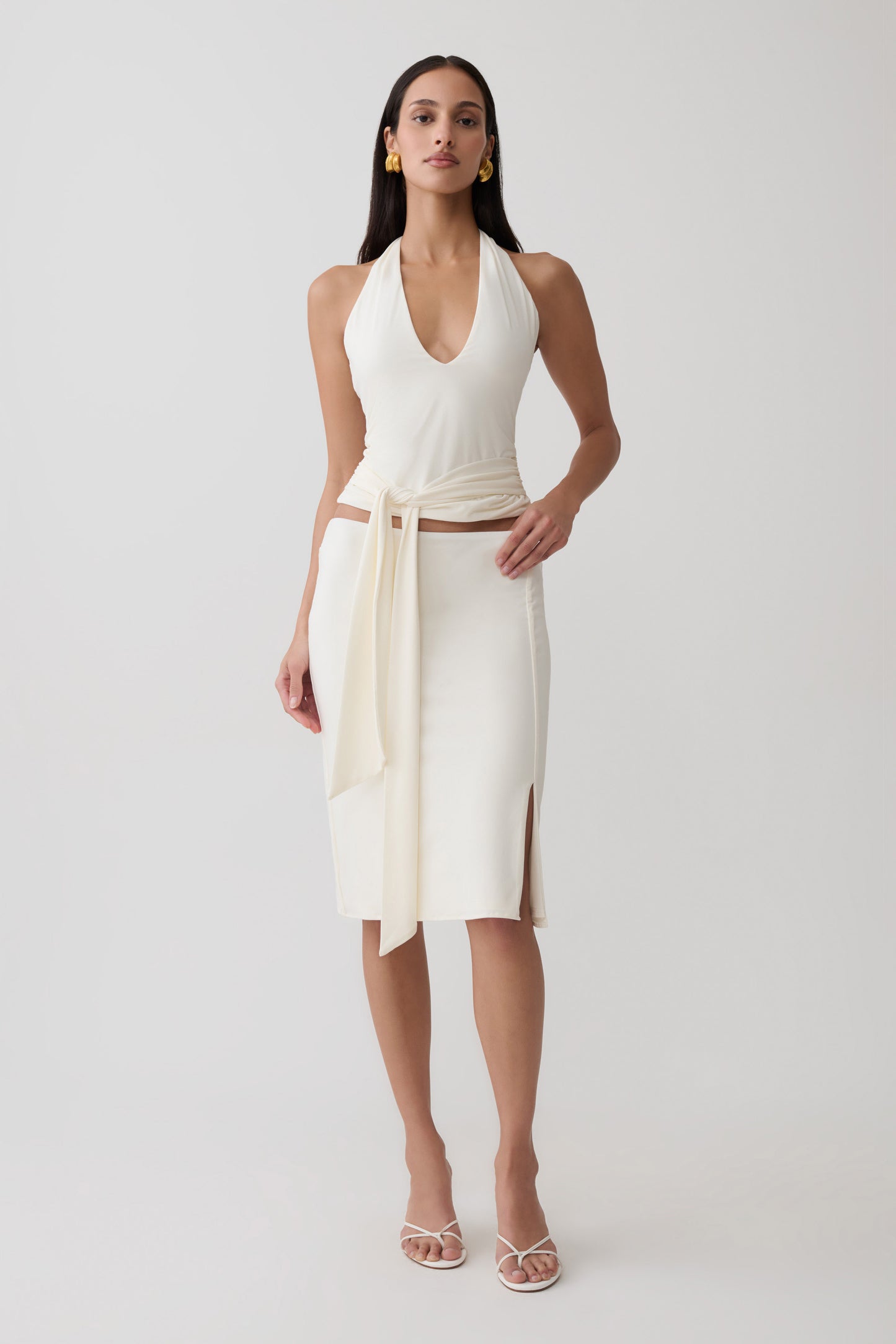 Elio Peached Jersey Midi Skirt - Ivory