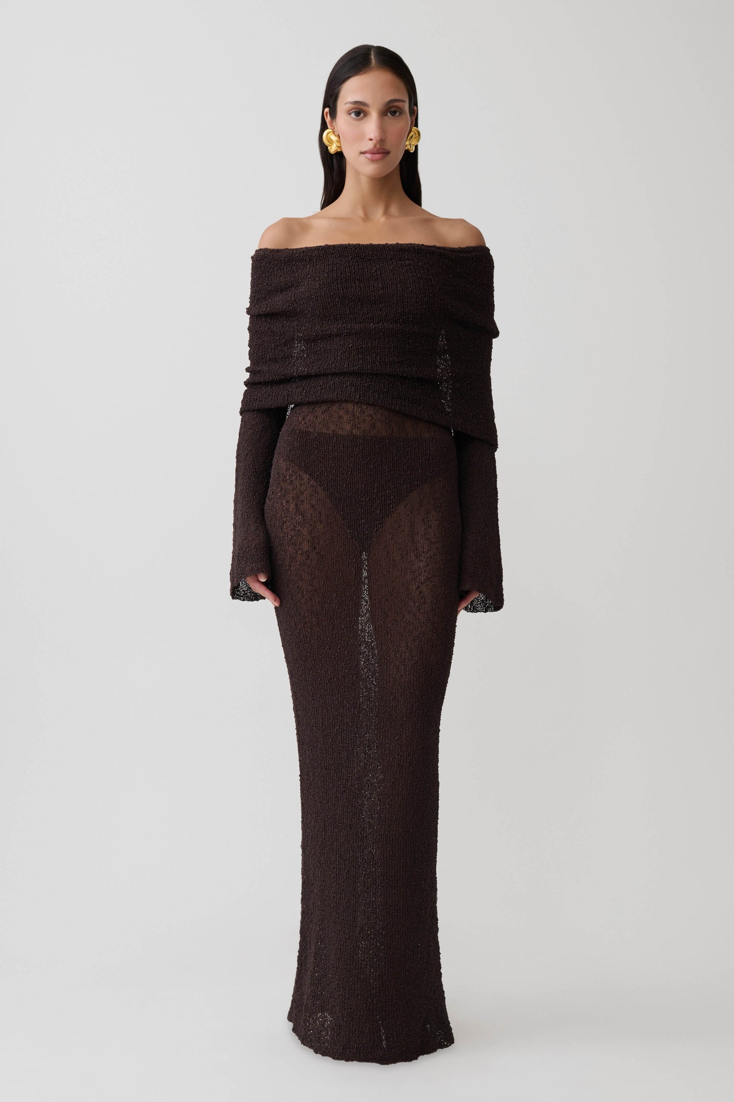 Marisol Off Shoulder Boucle Maxi Dress - Dark Chocolate