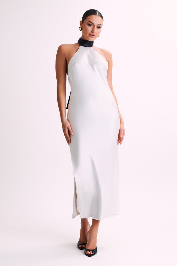 Shop Formal Dress - Paulette  Satin Midi Dress With Bow - Black & White third image