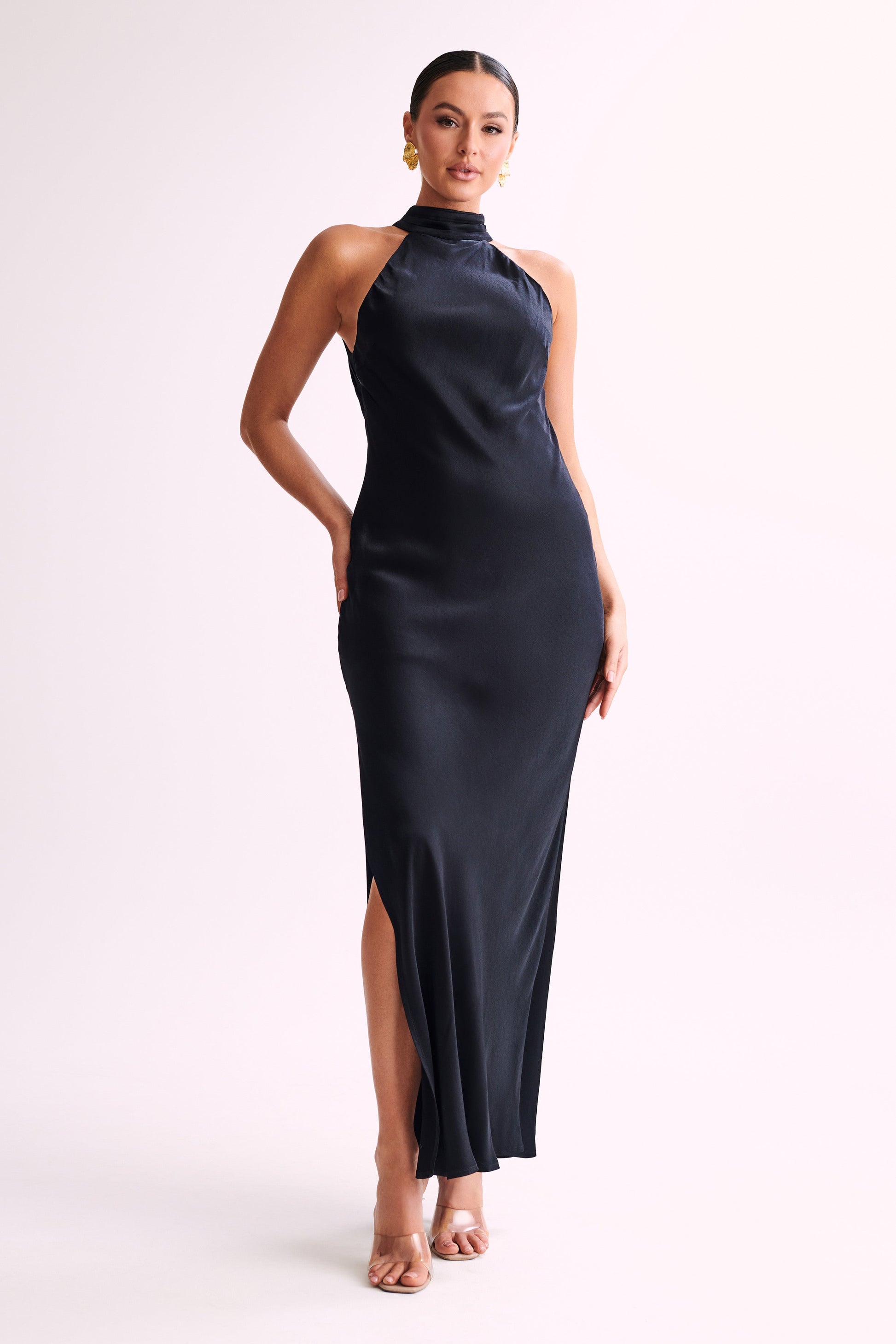 Claire Satin Drape Back Maxi Dress with Split - Black - Image 6