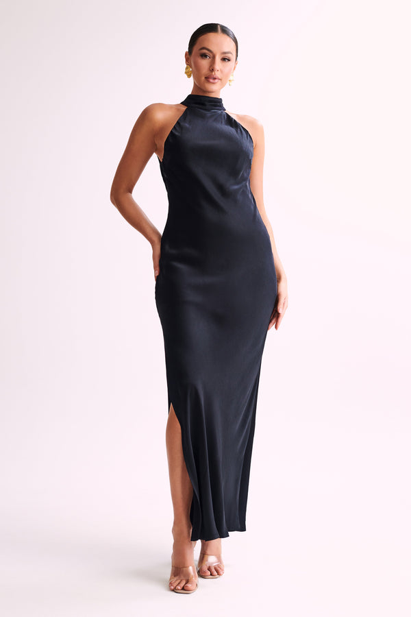 Collective Dress - Claire Satin Drape Back Maxi Dress with Split - Black image 3