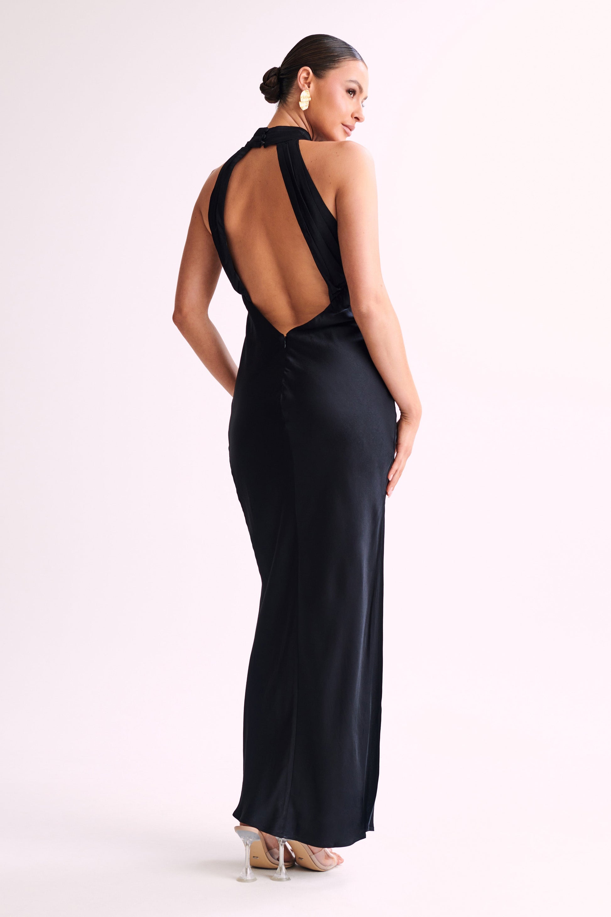 Claire Satin Drape Back Maxi Dress with Split - Black - Image 5