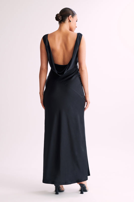 Nadia Maxi Satin Dress With Back Cowl - Black - View 1 | Shop Formal Dress