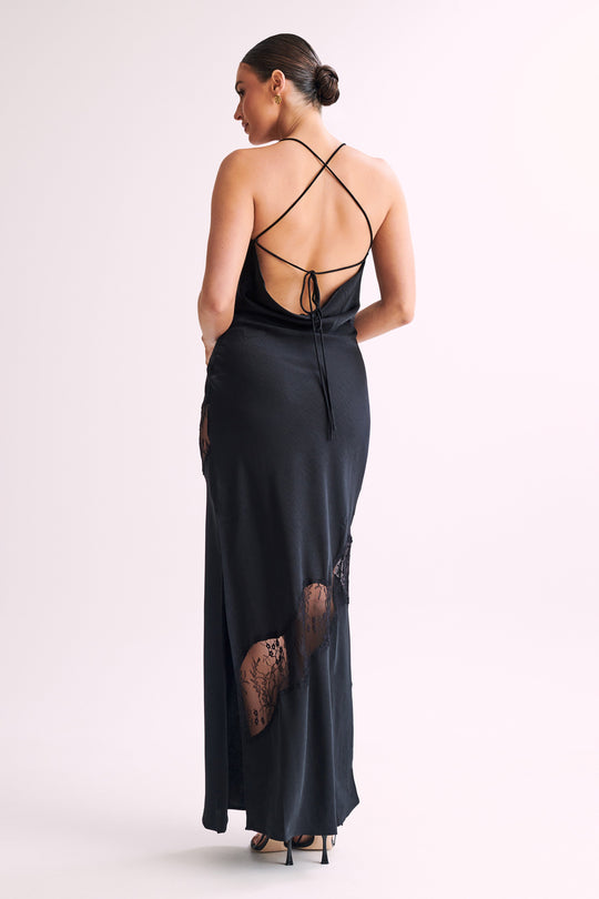 Shop Formal Dress - Chandra  Lace Detail Satin Maxi Dress - Black featured image