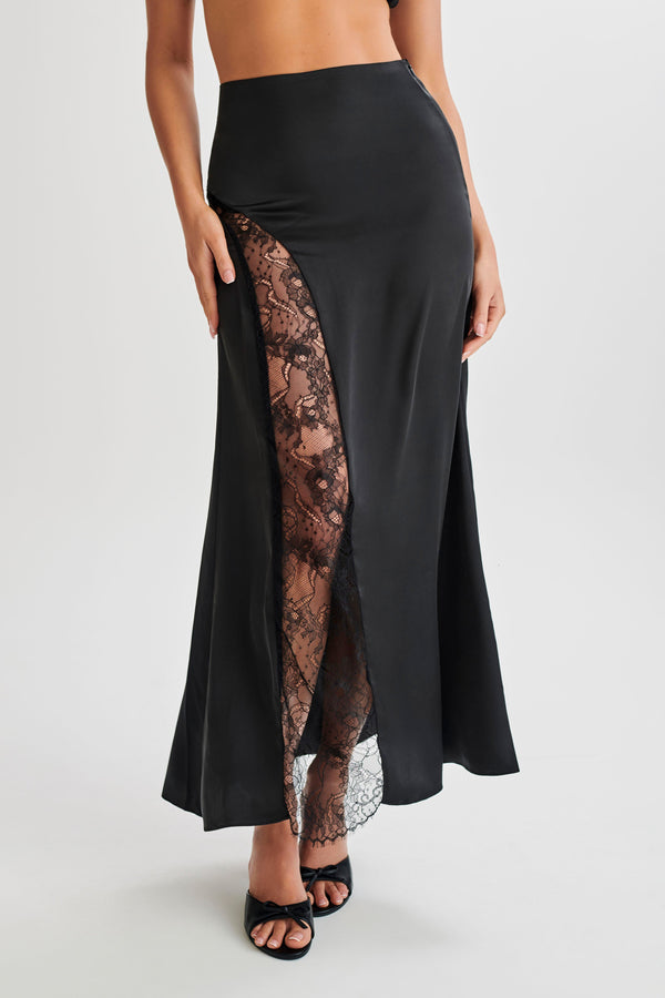 Luella Satin Lace Maxi Skirt - Black