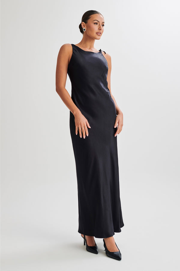 Annalise Satin Maxi Dress With Tie - Black - View 5 | Shop Formal Dress