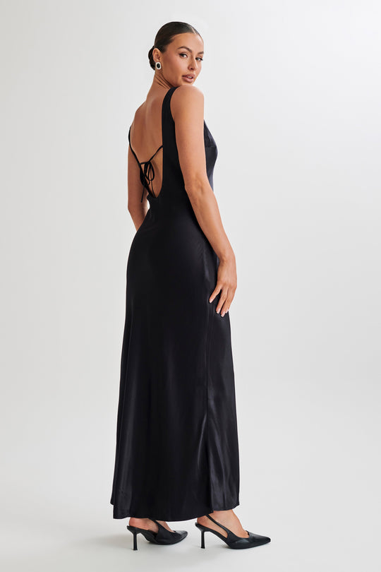 Annalise Satin Maxi Dress With Tie - Black - View 1 | Shop Formal Dress