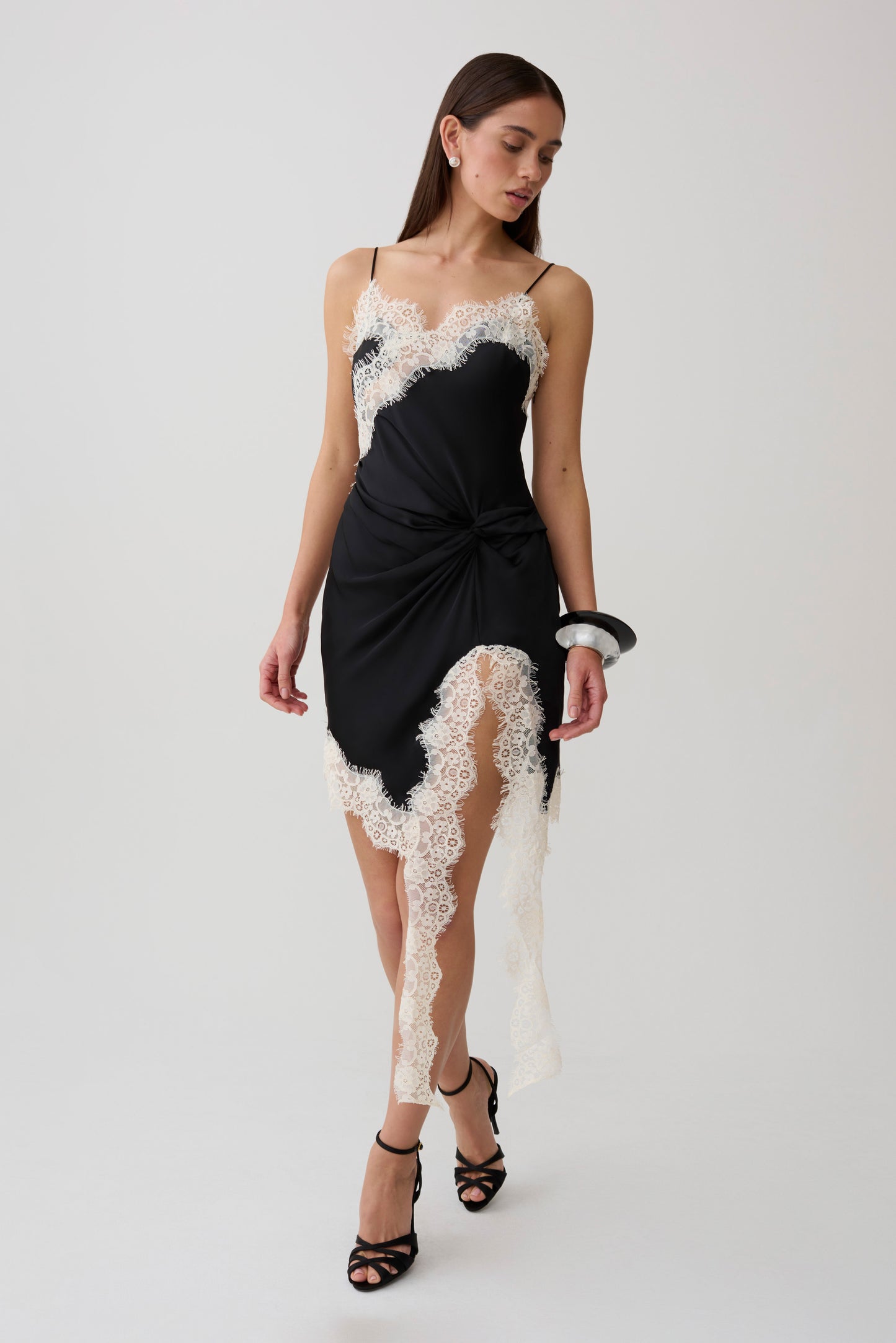Amber Satin And Lace Mini Dress - Black/Ivory