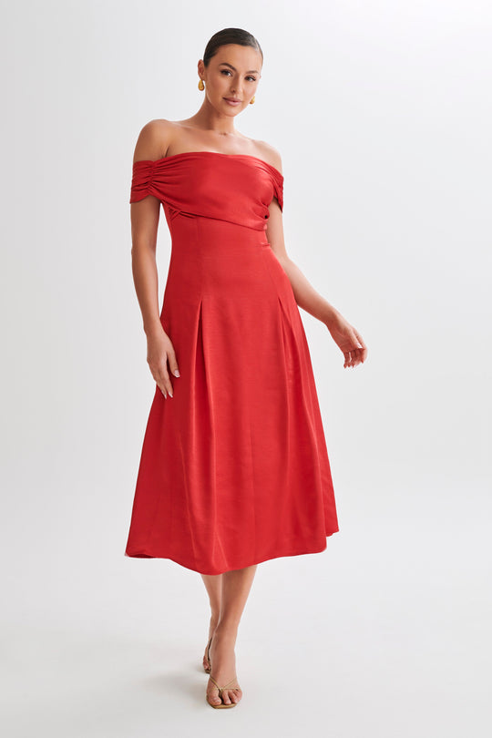 Shop Formal Dress Red - Dress Midi Shoulder Off  Sofie