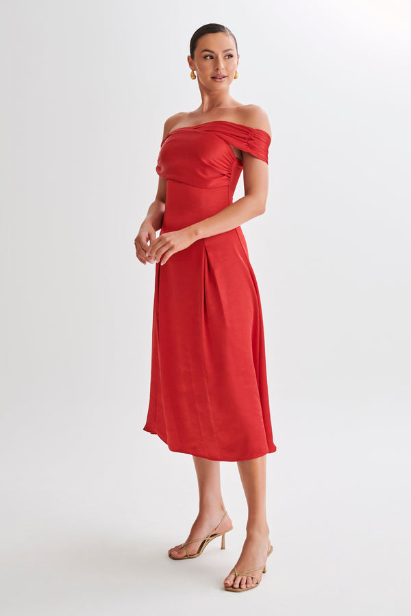 Shop Formal Dress - Sofie  Off Shoulder Midi Dress - Red fourth image