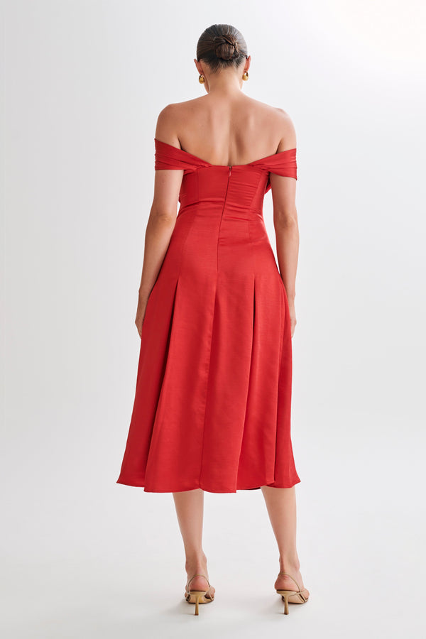 Shop Formal Dress - Sofie  Off Shoulder Midi Dress - Red third image