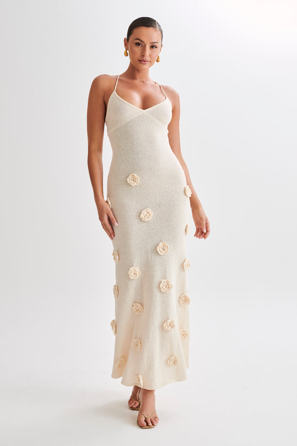 Suki Knit Maxi Dress With Flowers - Nude