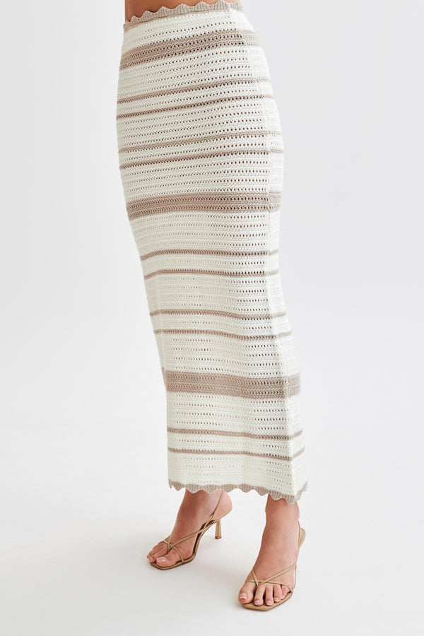Jadia Contrast Crochet Fishtail Maxi Skirt - Taupe/White