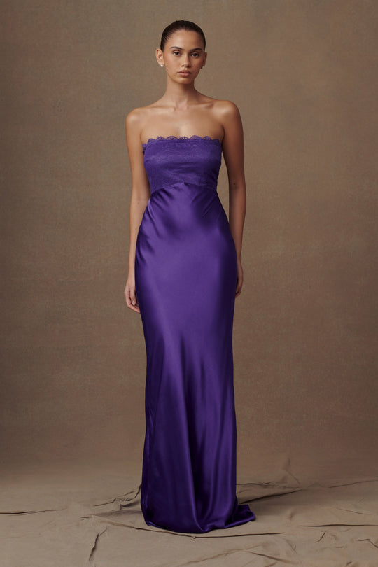 Shop Formal Dress - Darcie  Strapless Satin Maxi Dress - Deep Purple featured image