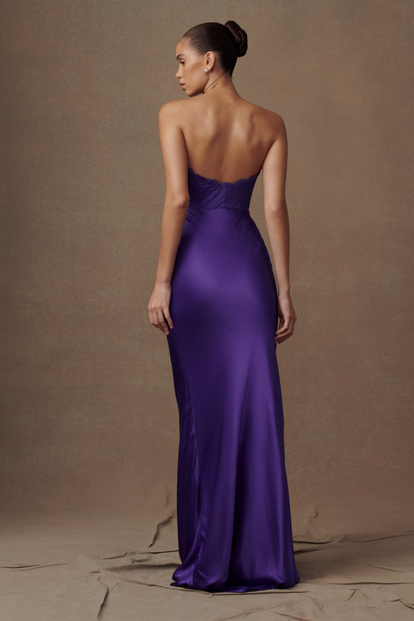 Shop Formal Dress - Darcie  Strapless Satin Maxi Dress - Deep Purple fourth image