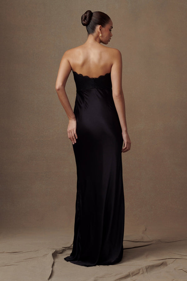 Shop Formal Dress - Darcie  Strapless Satin Maxi Dress - Black fourth image