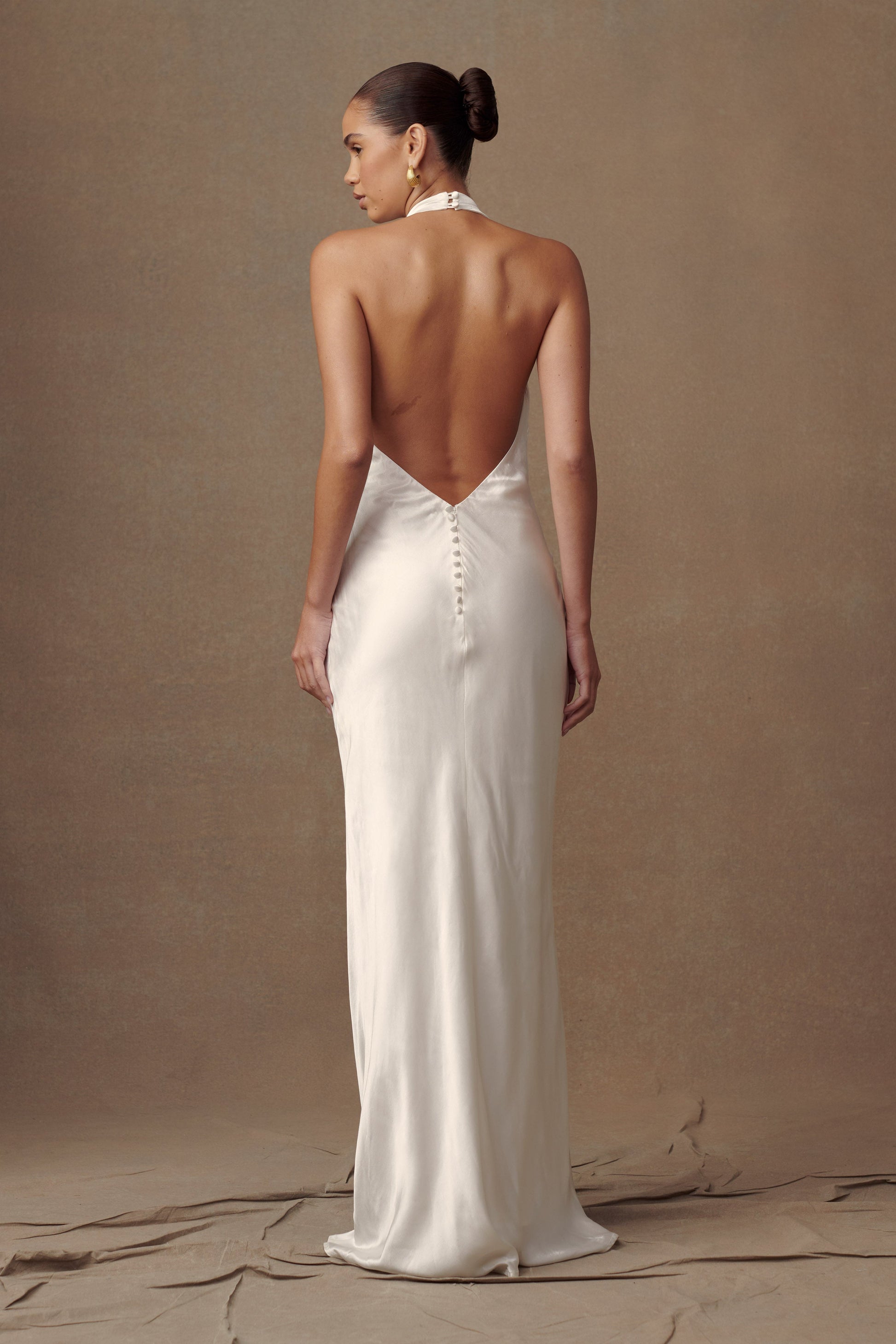 Esther Iridescent Satin Cowl Maxi Dress - Ivory - View 3 | Shop Formal Dress
