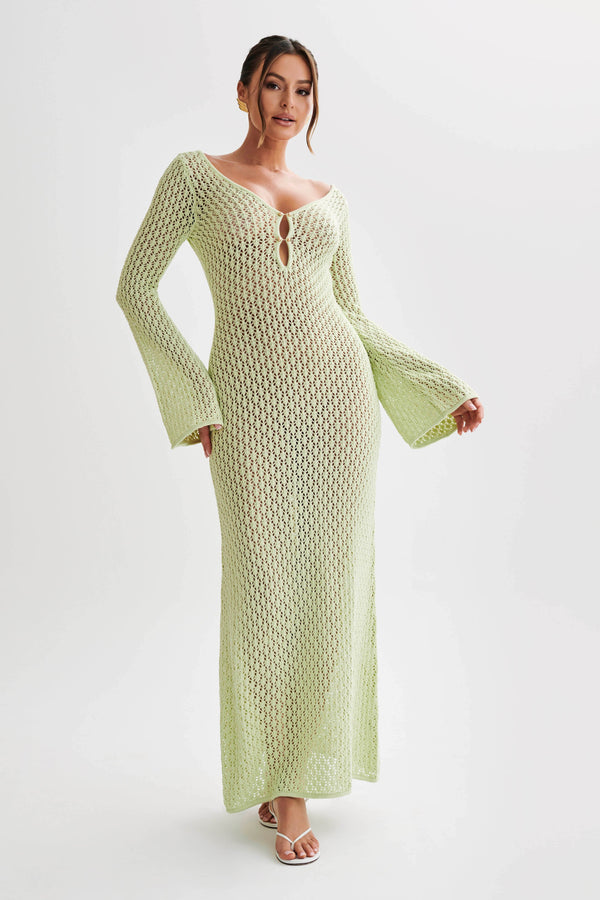 Kayleigh Crochet Fishtail Flare Sleeve Maxi Dress - Seafoam Green