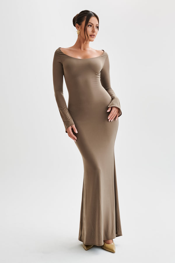 Shop Formal Dress - Millicent  Slinky Long Sleeve Maxi Dress - Coco fourth image
