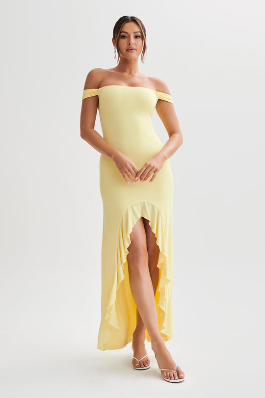 Shop Formal Dress - Eisley  Slinky Off Shoulder Maxi Dress - Yellow featured image