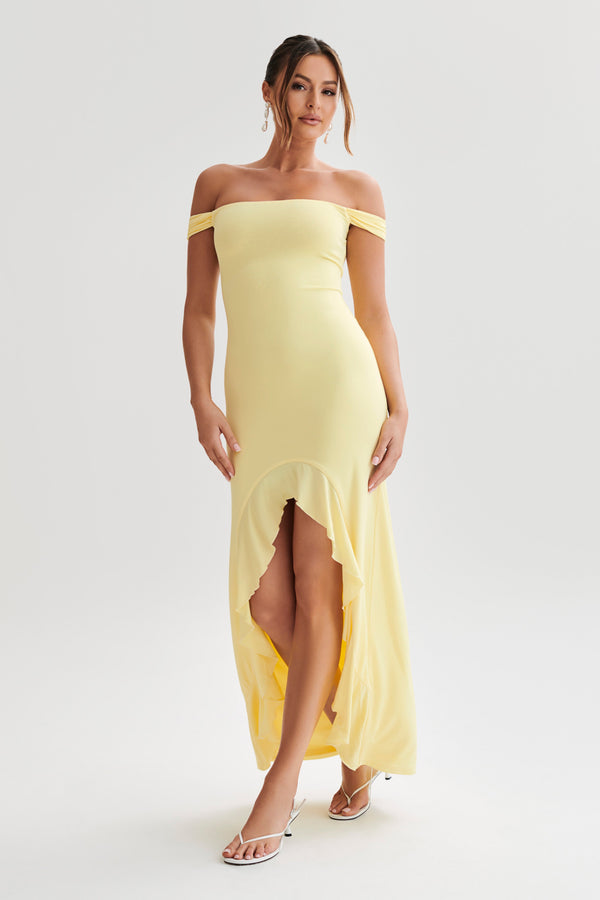 Shop Formal Dress - Eisley  Slinky Off Shoulder Maxi Dress - Yellow fifth image