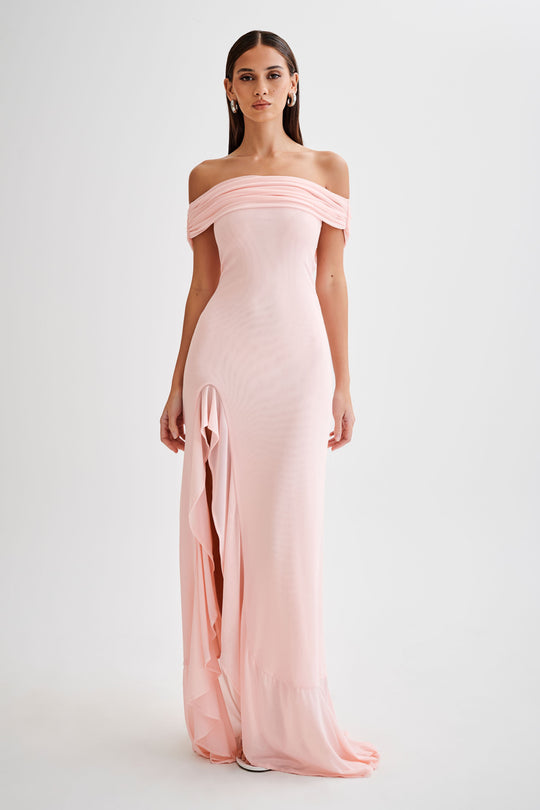 Shop Formal Dress - Audrey  Off Shoulder Mesh Maxi Dress - Pale Pink featured image