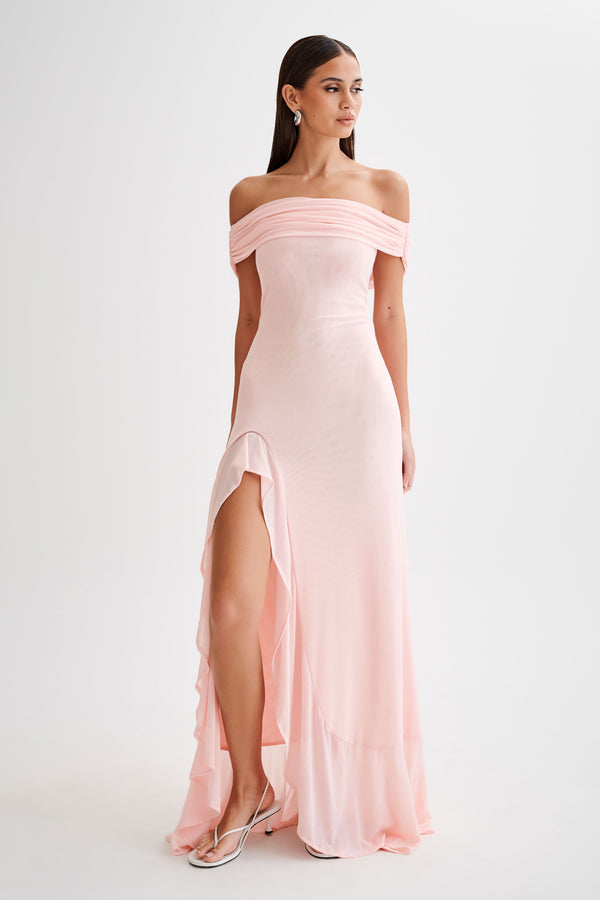 Shop Formal Dress - Audrey  Off Shoulder Mesh Maxi Dress - Pale Pink fifth image