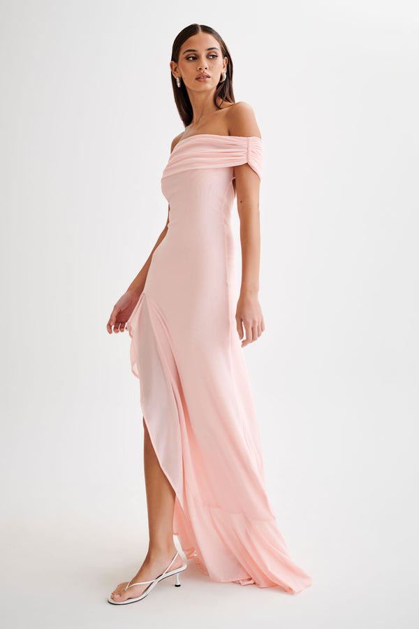 Shop Formal Dress - Audrey  Off Shoulder Mesh Maxi Dress - Pale Pink sixth image