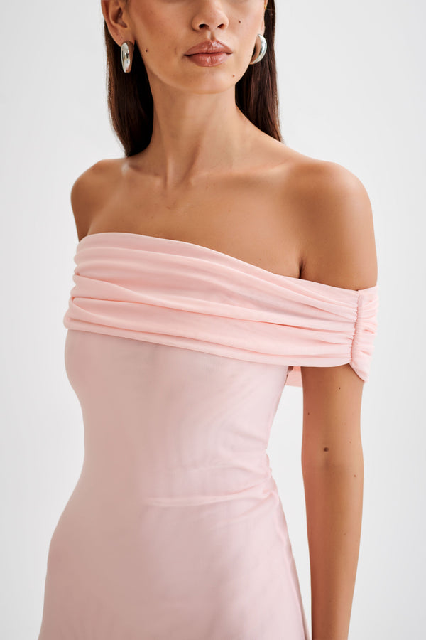 Shop Formal Dress - Audrey  Off Shoulder Mesh Maxi Dress - Pale Pink fourth image